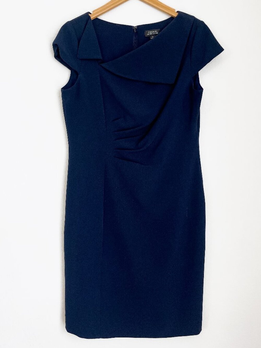 Tahari Navy Asymmetric Neckline Sheath Dress | 12